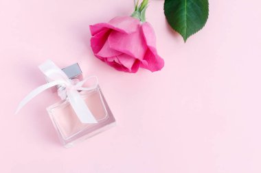 Pembe arka planda bir şişe parfüm ve gül çiçeği, kopyalama alanı.