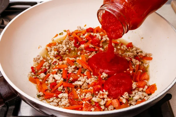 Chef Work How Make Bolognese Sauce Pasta Step Step Tutorial — Stock Photo, Image