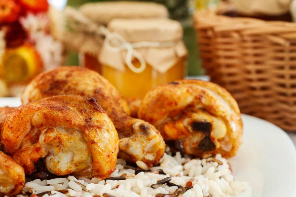 Cozinha Indiana Frango Assado Com Arroz Legumes Hora Almoço — Fotografia de Stock