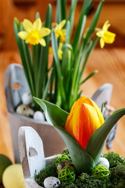 Beautiful Spring Flowers Wooden Table Traditional Easter Decoration Spring Time — Stock Photo, Image