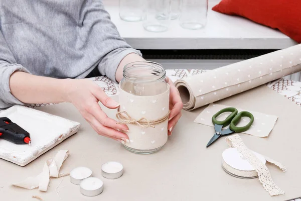 How to transform plain glass jar into a romantic candle holder. Step by step, tutorial.