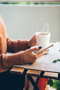 Akıllı telefon tutarak ve balkonda lezzetli infüzyon çay evde yudumlarken onun kişisel blog yeni gönderi yayımlama kadın el yakın çekim yeşil bitkiler ile dekore edilmiş. Seçici odak.