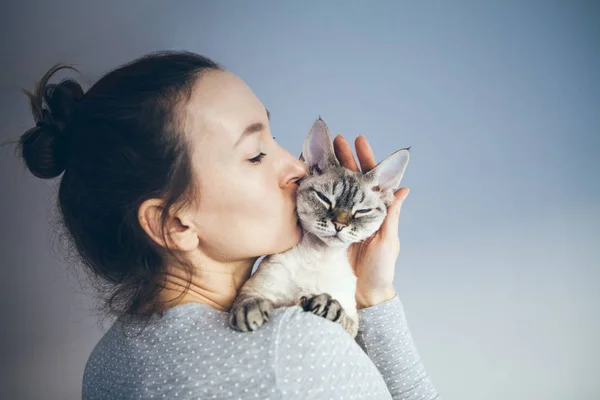 Kadın öpüşme ve onun tatlı ve sevimli seyir yoksun Rex kedi sarılma. Yavru kedi onun sahibi ile olmaktan mutlu hissediyor. Kitty insanlar silah iyi oturur.