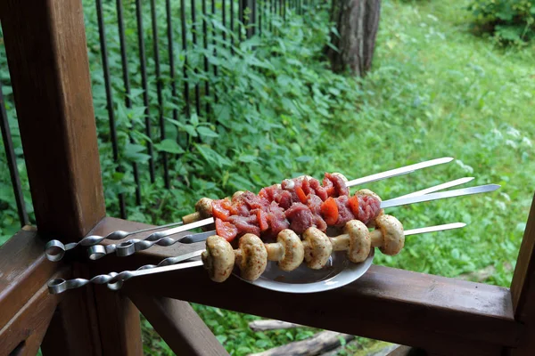 Kebab Žampiony Špízu Připravena Smažit Detailní Foto — Stock fotografie