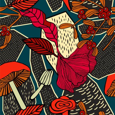 Sonbahar desen tasarım. Bitkiler mantar ve çilek.