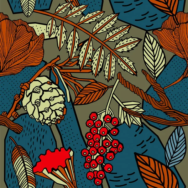 秋天的图案设计 植物蘑菇和浆果 — 图库矢量图片