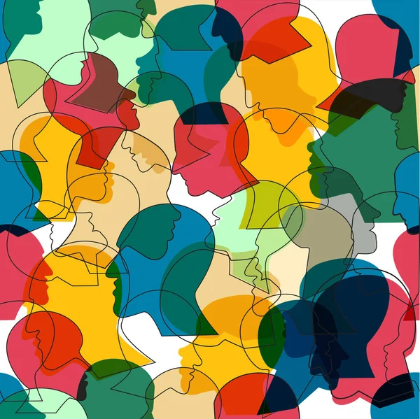 Seamless Pattern Crowd Many Different People Profile Heads Vector Background — Stock Vector