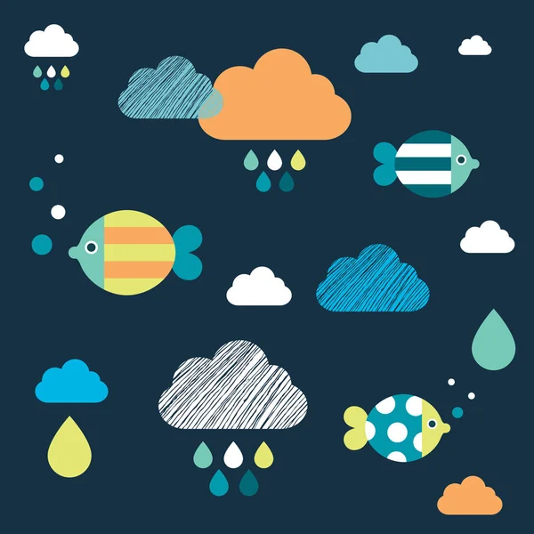 Colored Fishes Clouds Kids Wall Paper Pattern — Stock Vector
