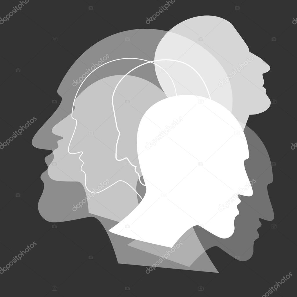 Schizophrenia concept, symbol of depresion, dementia. Vector ilustration.