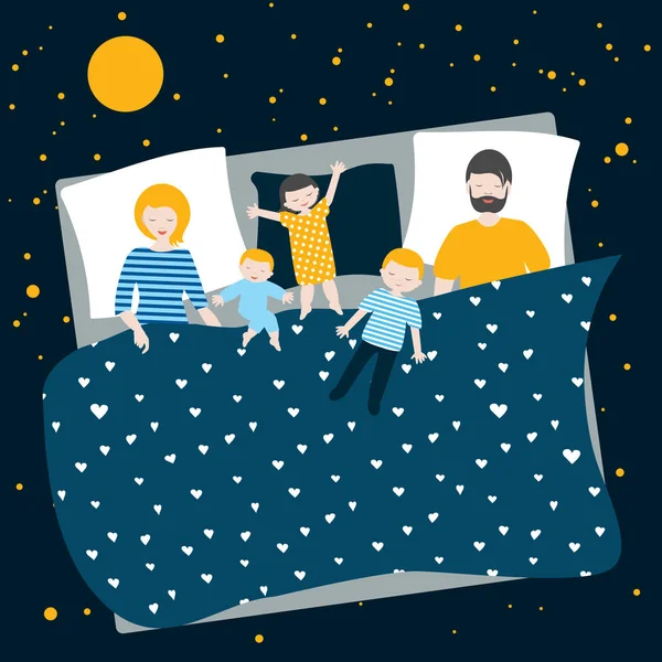 Rodzina Rodziców Trójka Dzieci Śpiących Razem Łóżku Ilustracja Płaskiej Kreskówki — Wektor stockowy