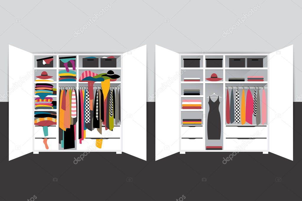 Capsule minimalistic wardrobe versus closet overflowing with clothes. Vector cartoon illustration. 
