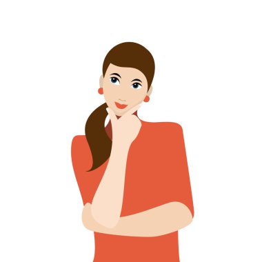 Kadın bir şey düşünüyor. Karikatür karakter, seçim, ikilem, yaşam dengesi arama.