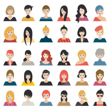 Dişi avatar kafaları. Çeşitli kadın yüzleri. Vektör.