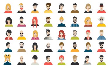 Dişi bir erkek avatar kafası. Çeşitli kadın ve erkek yüzleri. Vektör.