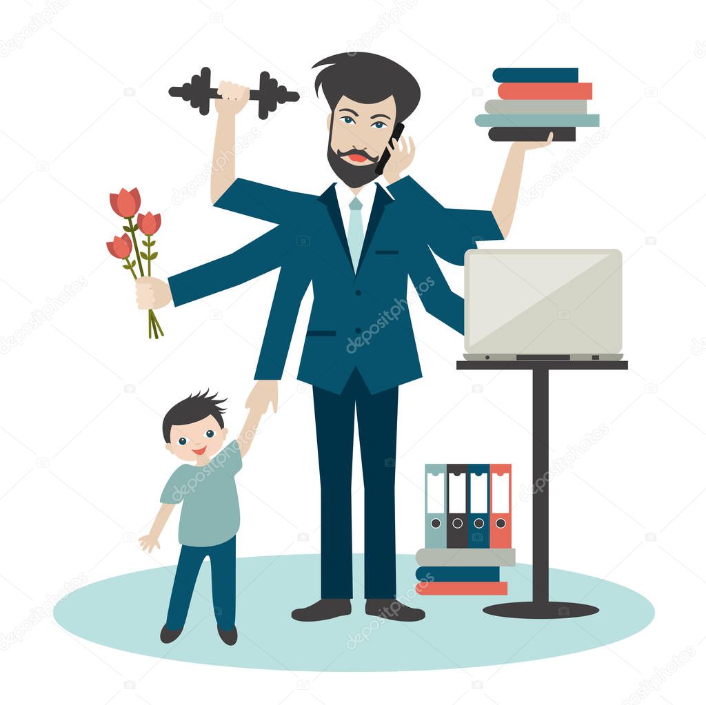 Busy multitasking man, father, dad, daddy, romantic husband, businessman, worker. Young man with son, working, calling and doing exercise at the gym. Flat vector.