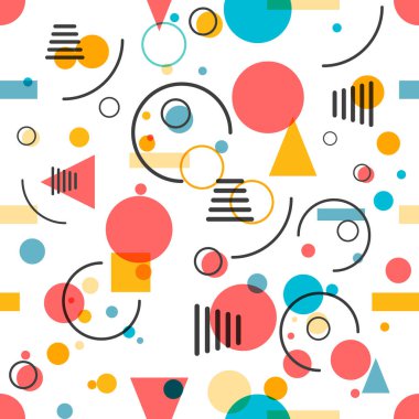 Geometrik dikişsiz desen. Çemberler, üçgenler ve çizgiler. Vektör retro tasarımı.