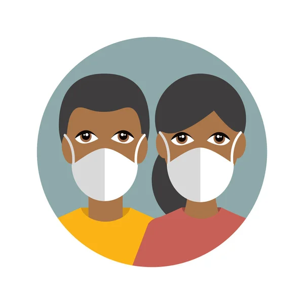 戴面具的人保护自己不感染Corona病毒 Covid 两个黑暗的皮肤 平面矢量图标 — 图库矢量图片