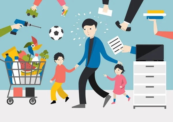 Wielozadaniowy Człowiek Ojciec Biznesmen Dziećmi Praca Zakupy Zabawy Dziećmi — Wektor stockowy