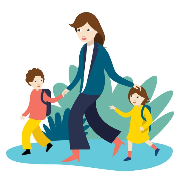 Mère Avec Deux Enfants Qui Vont École Retour École Illustration — Image vectorielle