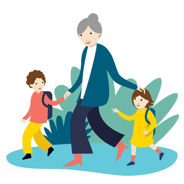 Abuela Con Dos Hijos Yendo Escuela Guardería Vuelta Escuela Ilustración — Vector de stock