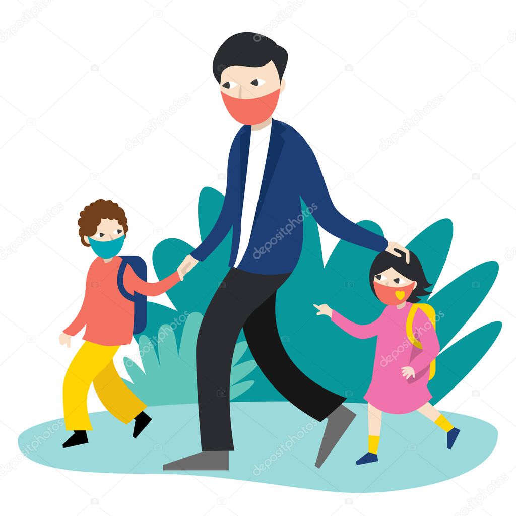 Father with two children in protective masks going to school, nursery. Back to school, coronavirus pandemic time. Vector Illustration.