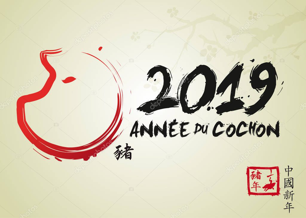 2019 Year of the Pig - Chinese New Year - Chinese text means : Year of the pig, Chinese New Year and Pig - Anne du Cochon means Year of the pig