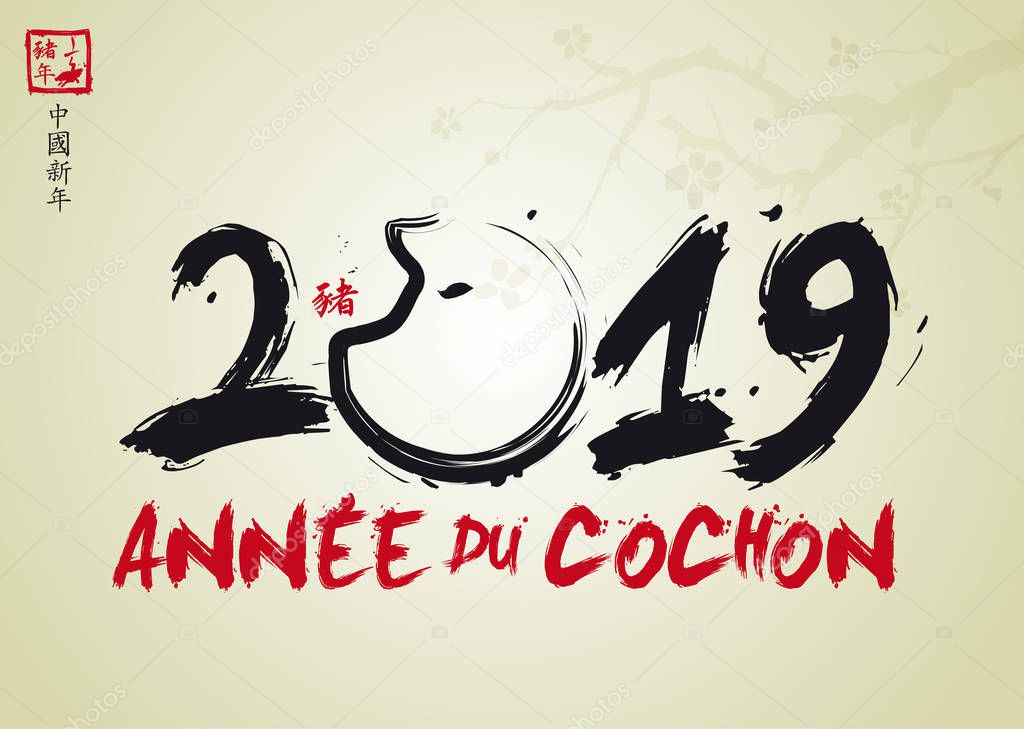 2019 Year of the Pig - Chinese New Year - Chinese text means : Year of the pig, Chinese New Year and Pig - Anne du Cochon means Year of the pig