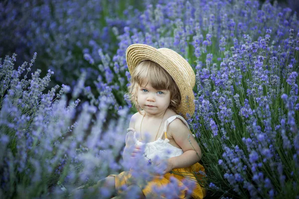 小さな赤ちゃんが帽子をかぶってラベンダー畑に座り — ストック写真