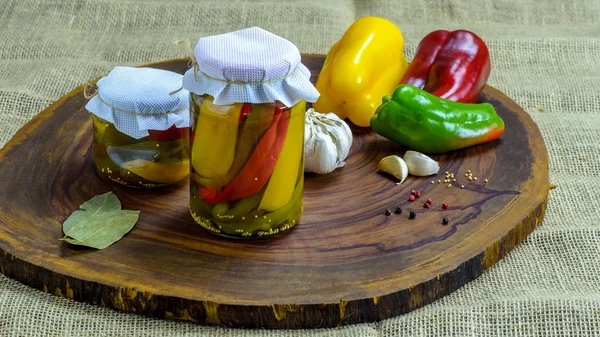 Preserved Vegetarian Food Concept Canned Red Green Yellow Peppers Jar — Stock Photo, Image