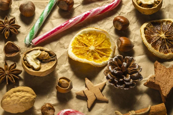 Variété Produits Alimentaires Noël Noix Cannelle Bâton Sucette Tranche Orange — Photo