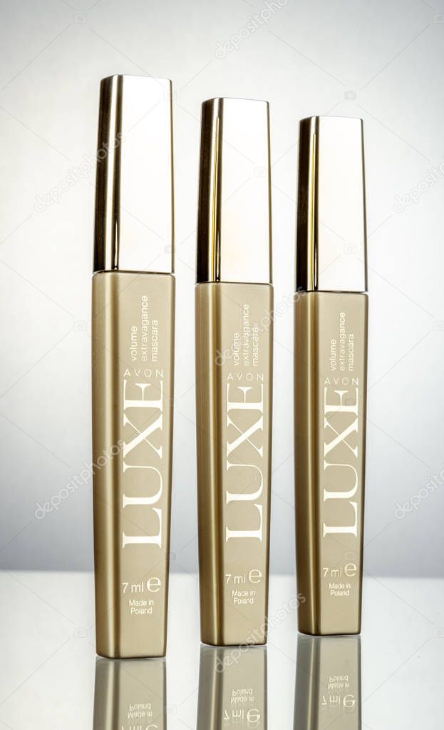 Avon cosmetics isolated on gradient background. Avon Products Inc was founded by David McConnell in 1886 in England.