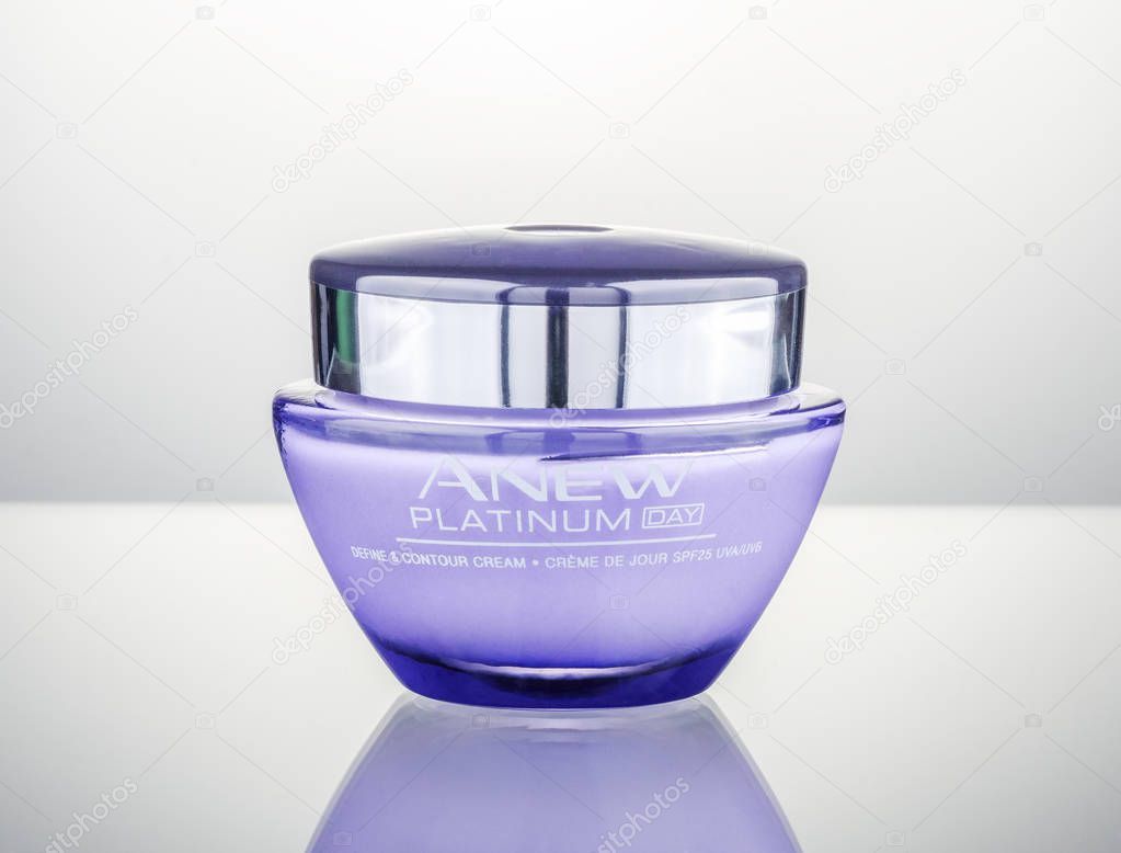 Avon cosmetics isolated on gradient background. Avon Products Inc was founded by David McConnell in 1886 in England.