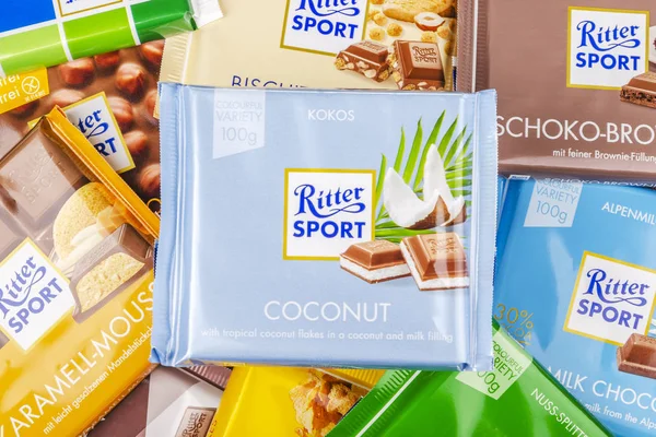 Olika Ritter Sport Choklad Kakor Ritter Sport Grundades 1912 Stuttgart — Stockfoto