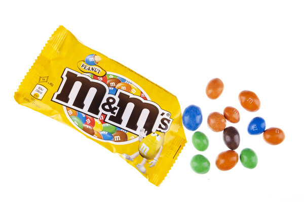 M&Ms peanut candies isolated on white background