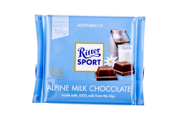 Barra Chocolate Ritter Sport Aislada Sobre Fondo Blanco —  Fotos de Stock