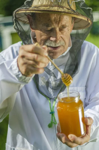 Senior Bijenhouder Controleert Zijn Honing Bijenstal — Stockfoto