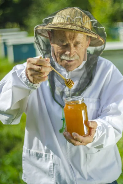 Starší Včelař Kontroluje Svůj Med Včelíně — Stock fotografie