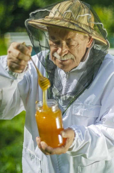 Starší Včelař Kontroluje Svůj Med Včelíně — Stock fotografie
