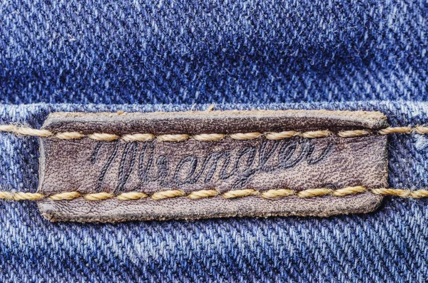 Closeup Wrangler Label Blue Jeans Wrangler American Manufacturer Jeans Its — Stock Photo, Image