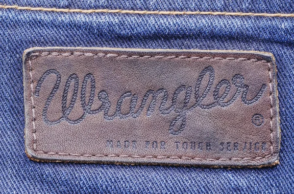 Обкладинка Етикетки Wrangler Синіх Джинсах Wrangler Американський Виробник Джинсів Штаб — стокове фото