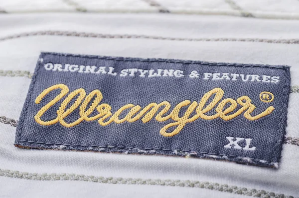 Одяг Етикетці Вранглера Сорочці Wrangler Американський Виробник Джинсів Штаб Квартира — стокове фото