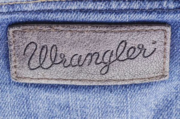 Обкладинка Етикетки Wrangler Синіх Джинсах Wrangler Американський Виробник Джинсів Штаб — стокове фото