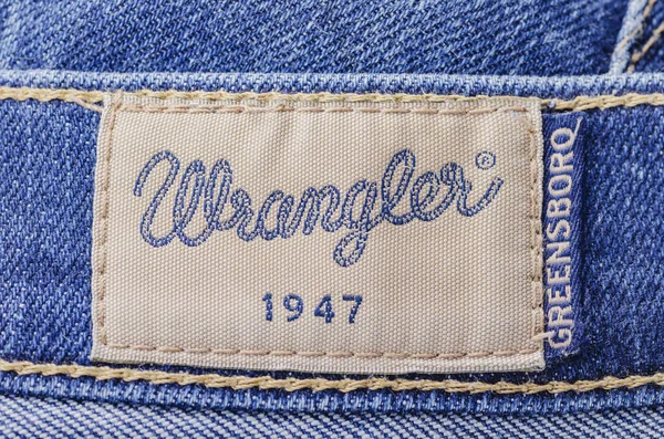 Обкладинка Етикетки Wrangler Синіх Джинсах Wrangler Американський Виробник Джинсів Штаб — стокове фото