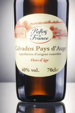 Gradyan arka planda bir şişe Calvados. Calvados Normandiya, Fransa 'da üretilen elma konyağı türüdür.