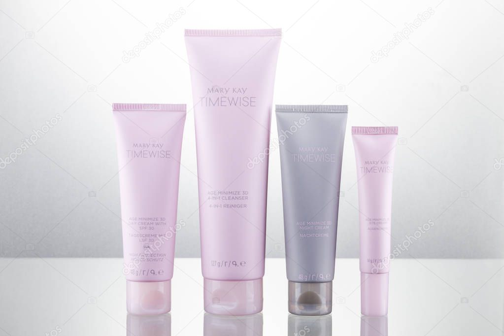 Set of Mary Kay cosmetics isolated on gradient background. Mary Kay is based inAddison, Texas, outside Dallas. Company was founded by Mary Kay Ashin 1963.