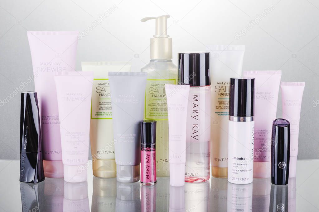Set of Mary Kay cosmetics isolated on gradient background. Mary Kay is based inAddison, Texas, outside Dallas. Company was founded by Mary Kay Ashin 1963.