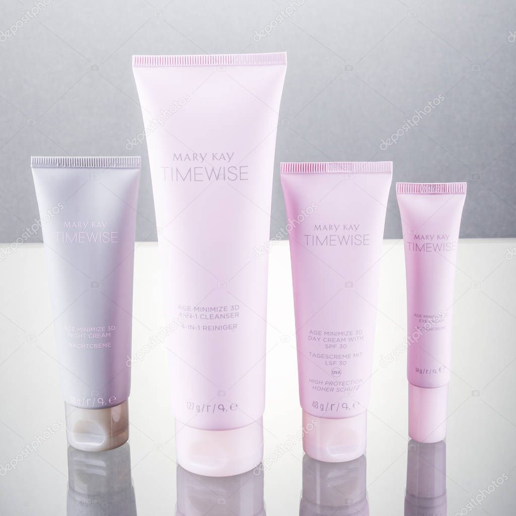 Set of Mary Kay cosmetics isolated on gradient background. Mary Kay is based inAddison, Texas, outside Dallas. Company was founded by Mary Kay Ashin 1963.