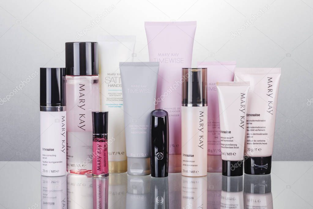 Set of Mary Kay cosmetics isolated on gradient background. Mary Kay is based inAddison, Texas, outside Dallas. Company was founded by Mary Kay Ashin 1963.