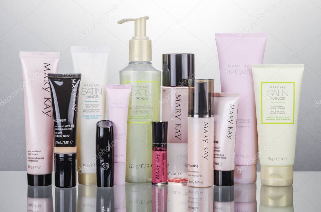 Set of Mary Kay cosmetics isolated on gradient background. Mary Kay is based inAddison, Texas, outside Dallas. Company was founded by Mary Kay Ashin 1963.