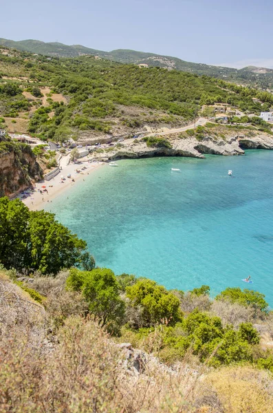 Vistas Panorámicas Playa Arena Makris Gialos Está Situado Costa Noroeste — Foto de Stock